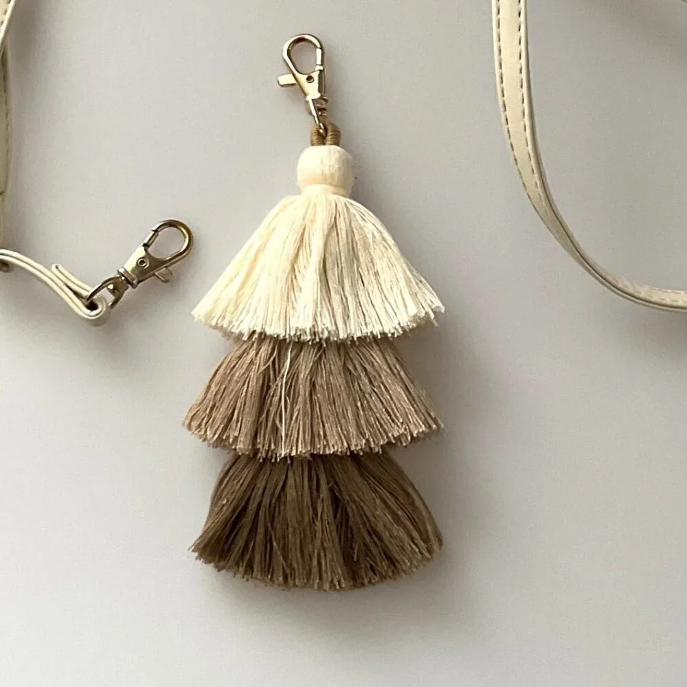New Boho Tri-Layered Tassel Bag Charm & Long Strap Ombré Neutral Necklace